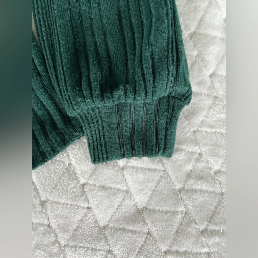 SHEIN | Dark Green Rib Knit Lightweight Sweater with Pearl Detail | Size Small - Picture 7 of 10